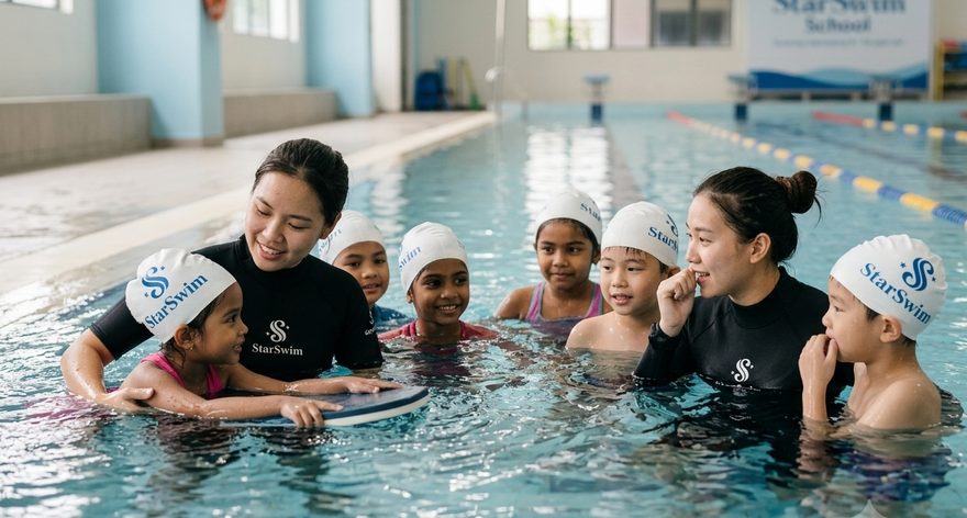 Star Swim coach briefing a small group of young learners in the pool